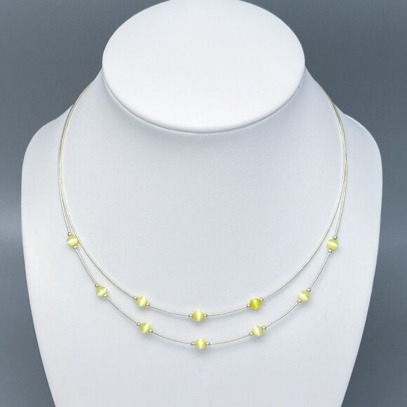 Sterling Silver 925 Yellow Simulated Tiger's Eye Station Necklace 15.5-17.5" - Picture 1 of 4